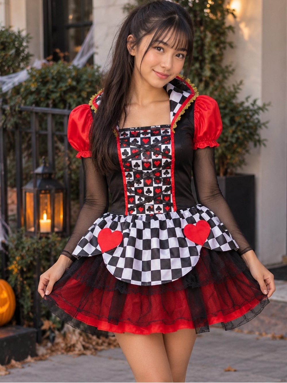 Teens Queen of Hearts Costume Red Black Checkerboard Layered Dress Halloween 14